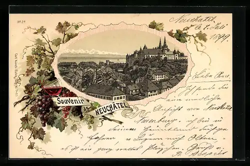 Lithographie Neuchâtel, Blick auf die Stadt, Weinranken und Weinglas