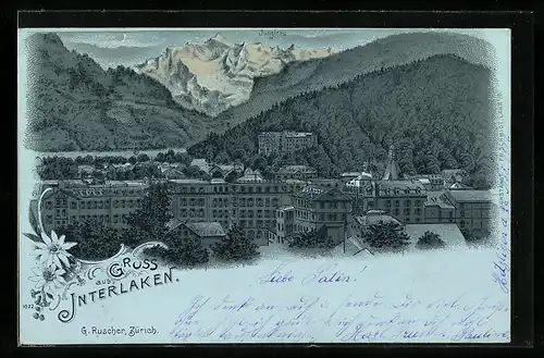 Mondschein-Lithographie Interlaken, Häuserpartie vor Bergpanorama