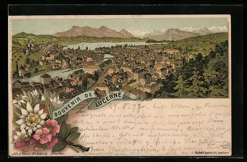 Vorläufer-Lithographie Lucerne, 1894, Panorama mit Stadt und Gebirge