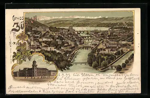 Lithographie Zürich, Teilansicht, Postgebäude