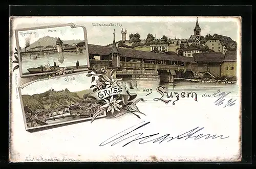 Lithographie Luzern, Todtentanzbrücke, Kapellbrücke, Pilatus