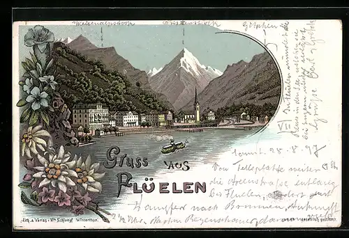 Lithographie Flüelen, Ortspartie mit Bergen
