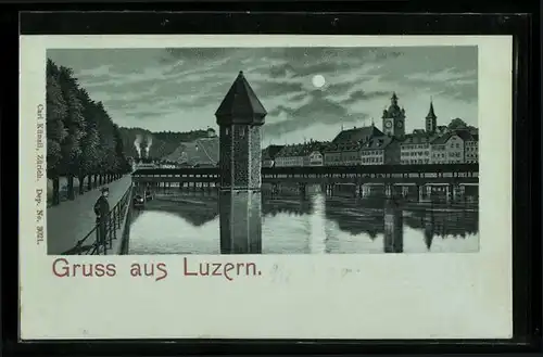 Mondschein-Lithographie Luzern, Flusspartie im Mondlicht