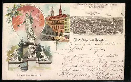 Lithographie Basel, Hoffmann`s Stärkefabriken, St. Jacobsdenkmal, Strassenpartie mit Gebäudeansicht