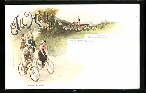 Lithographie Männer & Frauen bei einer Radtour, Ortsansicht