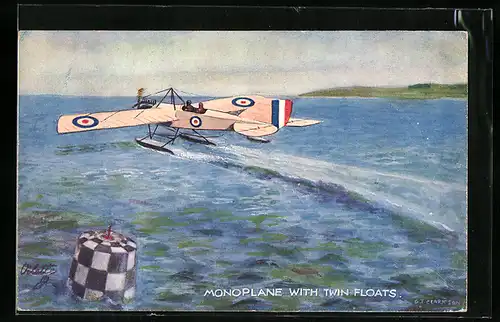 Künstler-AK Monoplane with twin floats, Wasserflugzeug