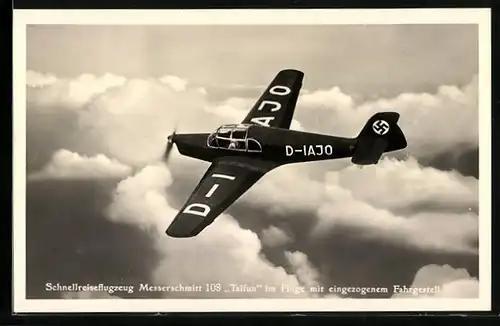 AK Schnellreiseflugzeug Messerschmitt 108 Taifun im Fluge mit eingezogenen Fahrgestell, 