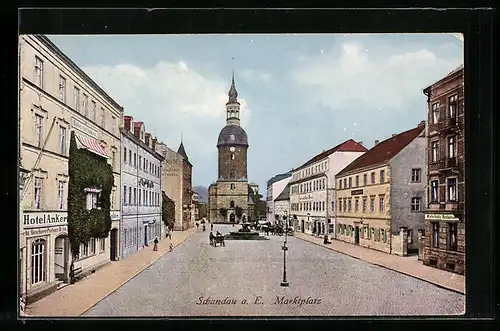 AK Schandau a. E., das Hotel Anker am Marktplatz, Blick auf den Turm