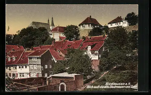 AK Nordhausen a. H., Blick auf die alte Stadtmauer und Dom