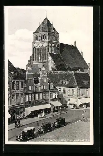 AK Greifswald, Markt mit Geschäften und Marienkirche