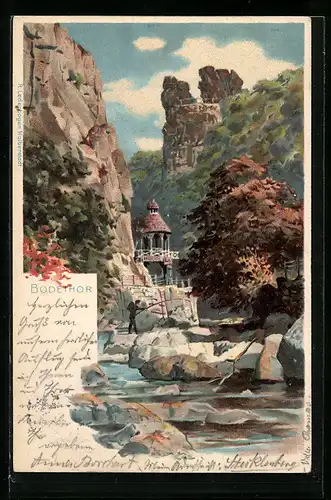 Lithographie Thale, Bodethor und Angler