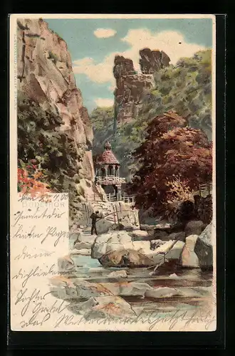 Lithographie Thale, Bodethor und Angler