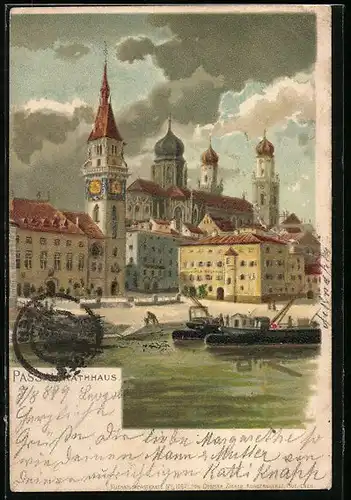 Lithographie Passau, Rathaus und Brauerei am Hafen