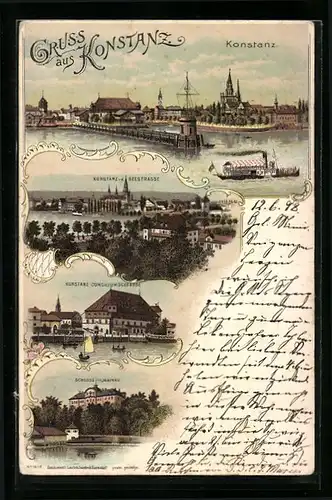 Lithographie Konstanz, Teilansicht von der Seestrasse, Conciliumsgebäude, Schloss