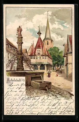 Lithographie Michelstadt i.O., Ortspartie mit Brunnen