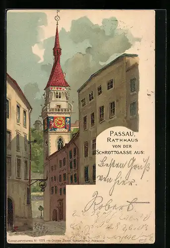 Lithographie Passau, Rathaus von der Strasse Schrottgasse aus