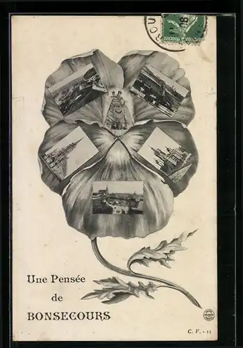 Blumengruss-AK Bonsecours, La Cathedrale, Stiefmütterchen