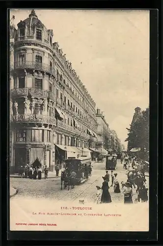 AK Toulouse, La Rue Alsace-Lorraine au Carrefour LaFayette, Pferdebahn