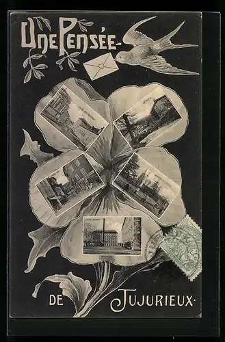 Blumengruss-AK Jujurieux, Une Pensée, Allée des Bureaux, Quartier de L`Eglise, Stiefmütterchen