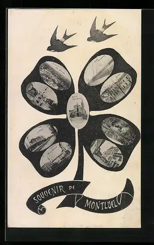 AK Montluel, eglise Notre-Dame, la gare et place Carnot