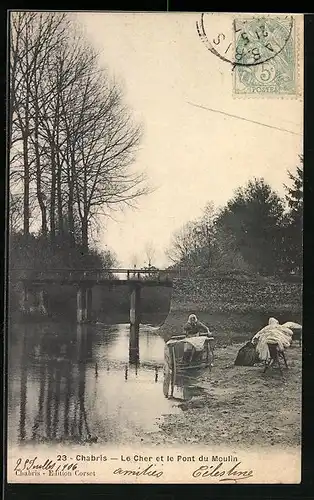 AK Chabris, Le Cher et le Pont du Moulin, Waschfrau