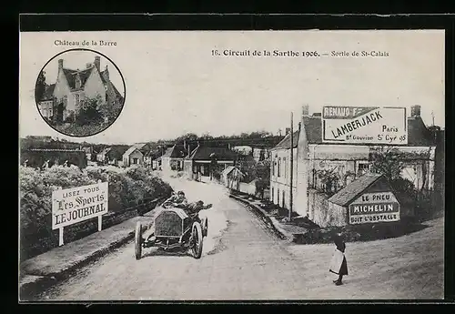 AK St-Calais, Circuit de la Sarthe 1906, Château de la Barre, Autorennen, Partie am Ortsausgang, Montage