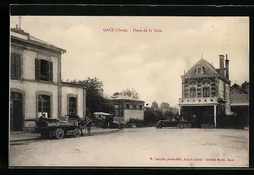 AK Gacé, Place de la Gare, Bahnhof