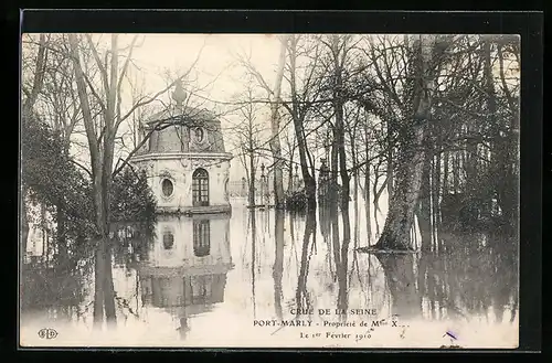 AK Port-Marly, Propriete de Mme. X..., le 1er Fevrier 1910, Hochwasser im Park