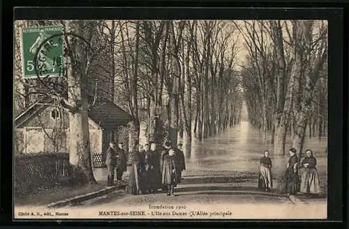 AK Mantes-sur-Seine, L`Ile aux Dames, L`Allée principale, Inondation 1910