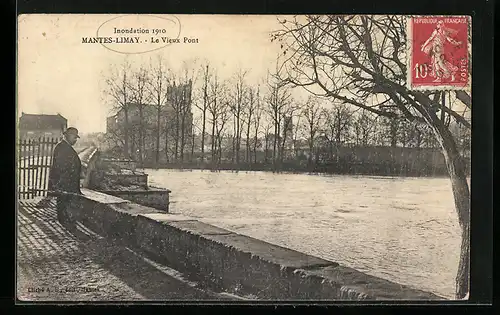 AK Mantes-Limay, Inondation 1910, Le Vieux Pont