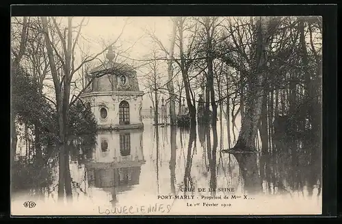 AK Port-Marly, Propriete de Mme. X..., le 1er Fevrier 1910, Hochwasser im Park