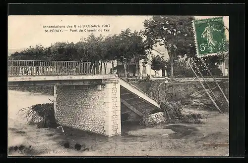 AK St-Péray, Inondations de 1907, Pont du Chemin de Fer, Hochwasser