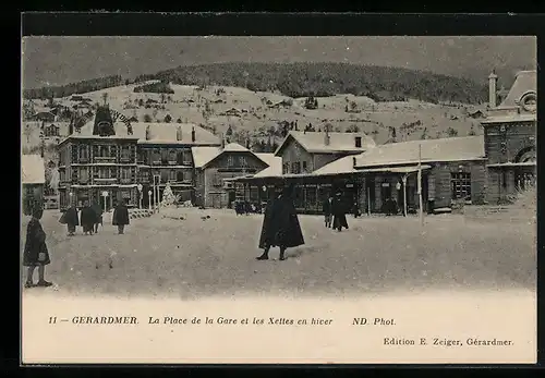 AK Gerardmer, La Place de la Gare et les Xettes en hiver, Bahnhof