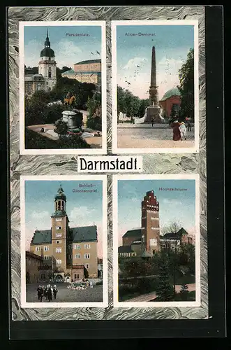 AK Darmstadt, Schloss-Glockenspiel, Paradeplatz, Alice-Denkmal