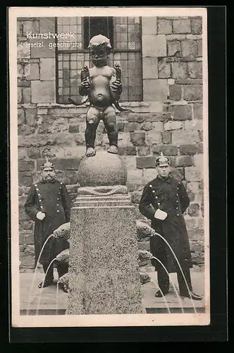 AK Aachen, Zierbrunnen auf dem Fischmarkt mit Soldaten