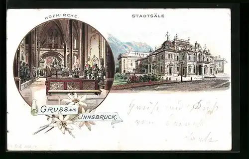 Lithographie Innsbruck, Hofkirche mit Stadtsäle