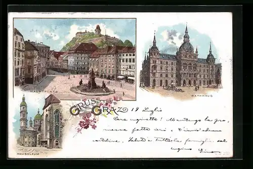 Lithographie Graz, Hauptplatz, Rathaus, Mausoleum