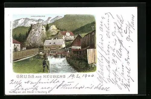 AK Neuberg, Gruss mit dem Kreuzberg und einem einsamen Angler