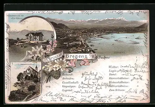 Vorläufer-Lithographie Bregenz a. B., 1895, St. Gebhardskapelle, Pfänderspitze mit Hotel Pfänder