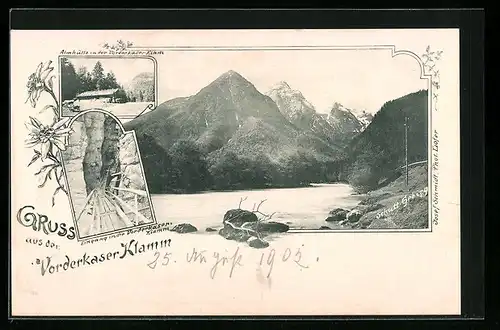 Passepartout-AK St. Martin bei Lofer, Vorderkaser Klamm - Almhütte und Eingang in die Klamm