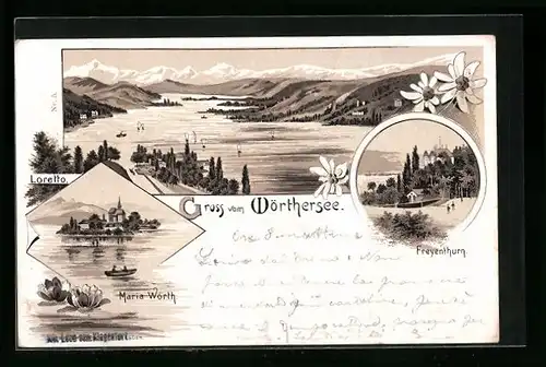 Lithographie Maria Wörth, Wörthersee, Schloss Freyenthun, Loretto, Blick zur Insel Maria Wörth