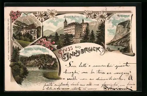 Lithographie Innsbruck, Schloss Ambras, Sillfall beim Berg Isel, Martinswand