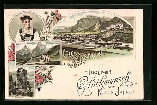 Lithographie Kufstein, Unterkunftshütte Hinter Bärenbad, Teufelskanzel, Ortsansicht, Frau in Tracht