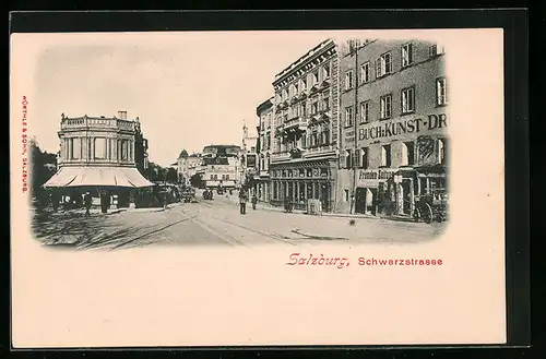 AK Salzburg, Schwarzstrasse mit Buch- & Kunstdruckgeschäft