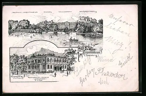 Lithographie Leopoldskron, Restauration u. Pension Leopoldskron, Inh.: F. A. Ilk, Schloss, Mönchsberg