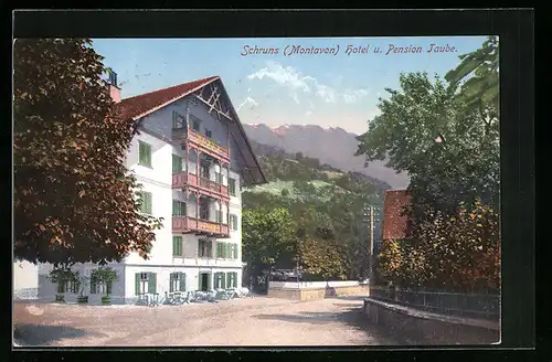 Künstler-AK Schruns b. Montavon, Hotel und Pension Taube in der Strassenansicht