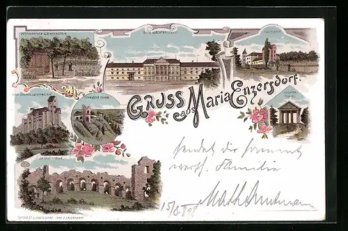 Lithographie Maria-Enzersdorf, Restaurant Liechtenstein, Husaren-Tempel, Amphitheater