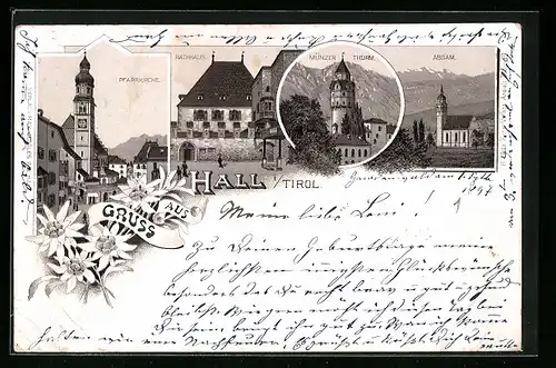 Lithographie Hall i. Tirol, Pfarrkirche, Rathaus, Münzerturm, Absam