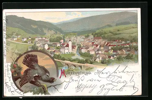 Lithographie Mürzzuschlag, Panoramablick auf den Ort, Auerhahn