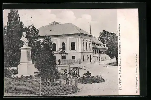 AK St. Veit a. Glan, Hotel Stern, Schillerplatz mit Schillerbüste